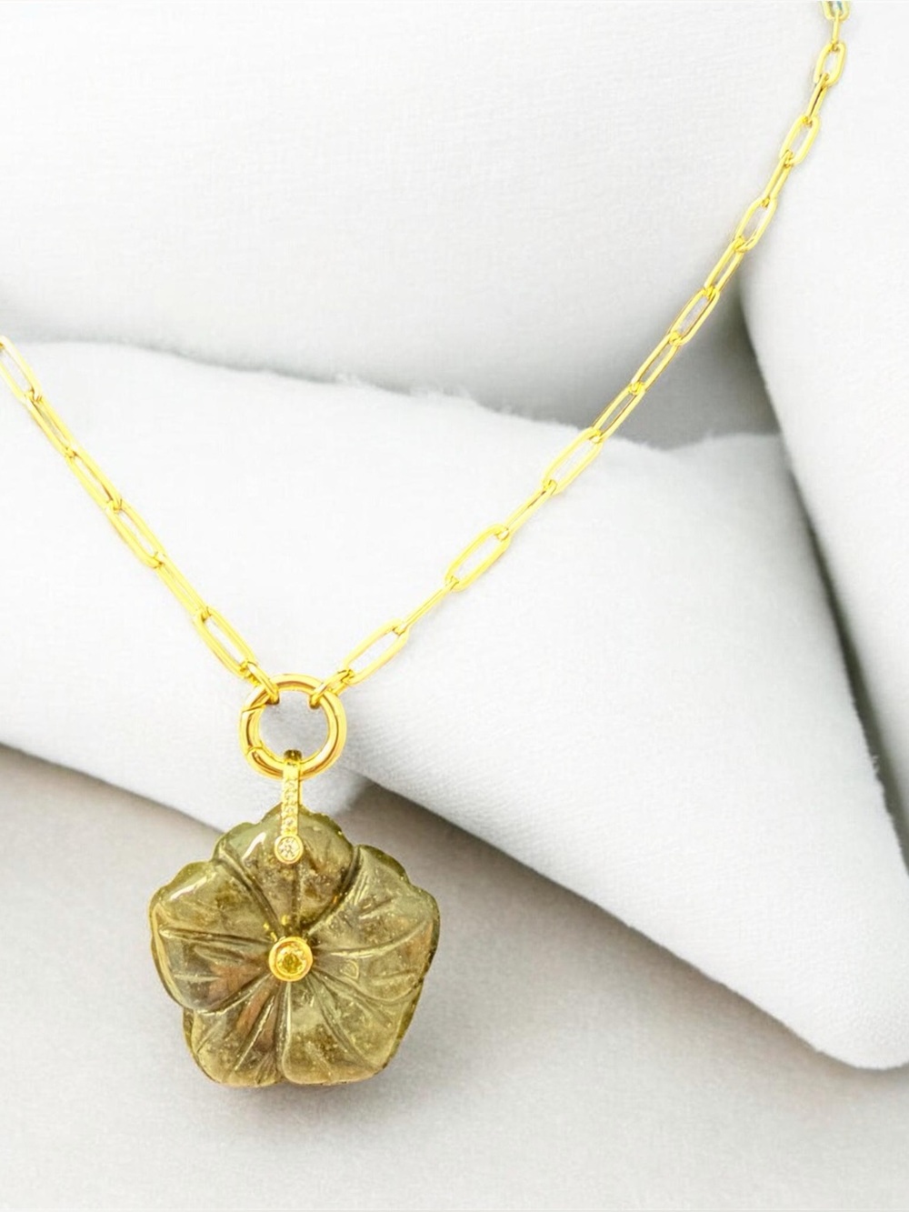 14k Gold Plated & Grey Carved Stone Flower Pendant Necklace